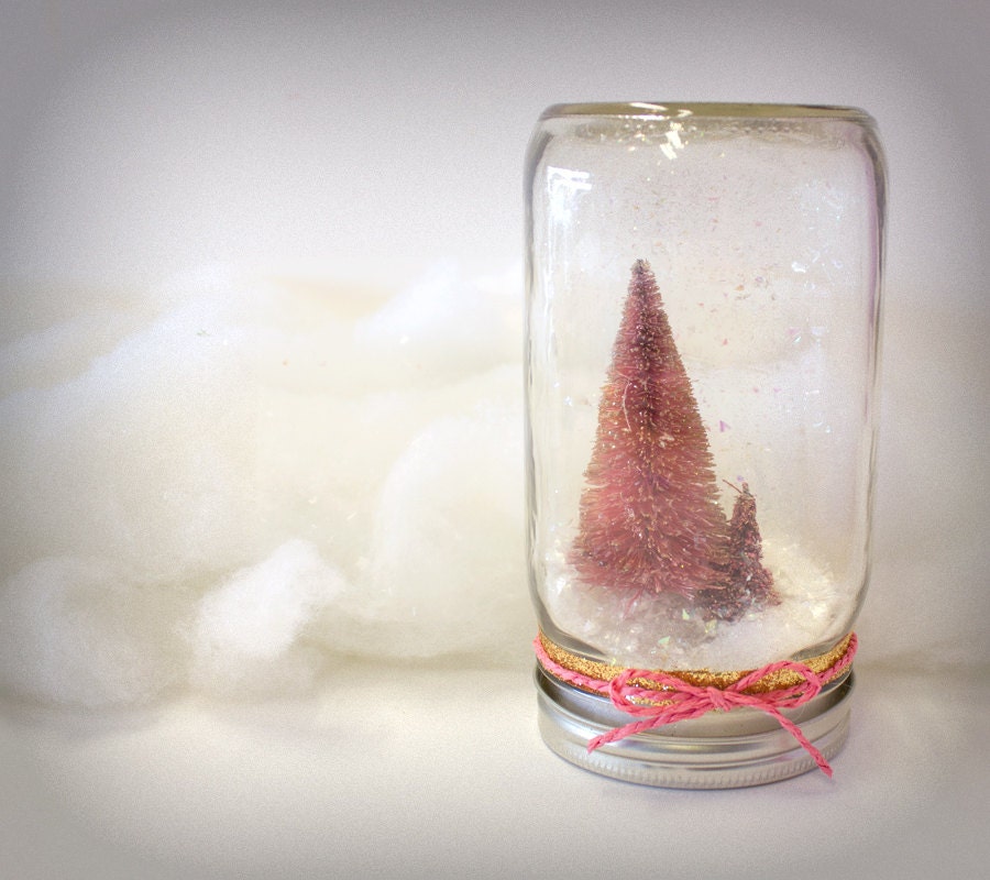 Double Pink Trees Snowglobe Mason Jar Christmas Decor snow gold glitter mantel decoration dry waterless