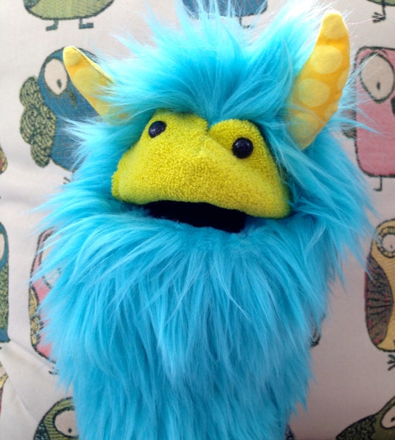 Items similar to Blue Furry Monster Hand Puppet with Yellow Horns on Etsy