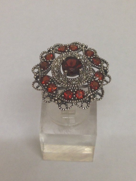 Garnet & Seed Pearl Victorian 925 Sterling Silver Ring