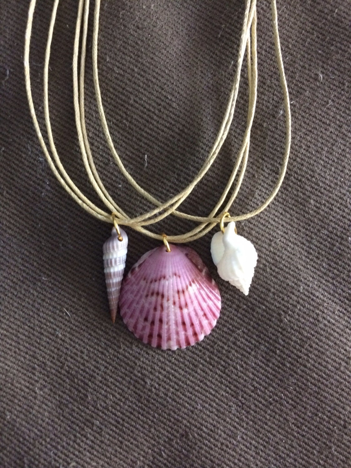 Triple seashell necklace pink and white on tan by Islandgirlgems