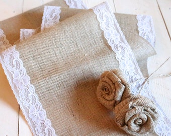 Burlap Table Runner with White Lace, Rustic Table Runner, Country Wedding, Burlap and Lace Runner, Wedding Table Runner, Rustic Wedding