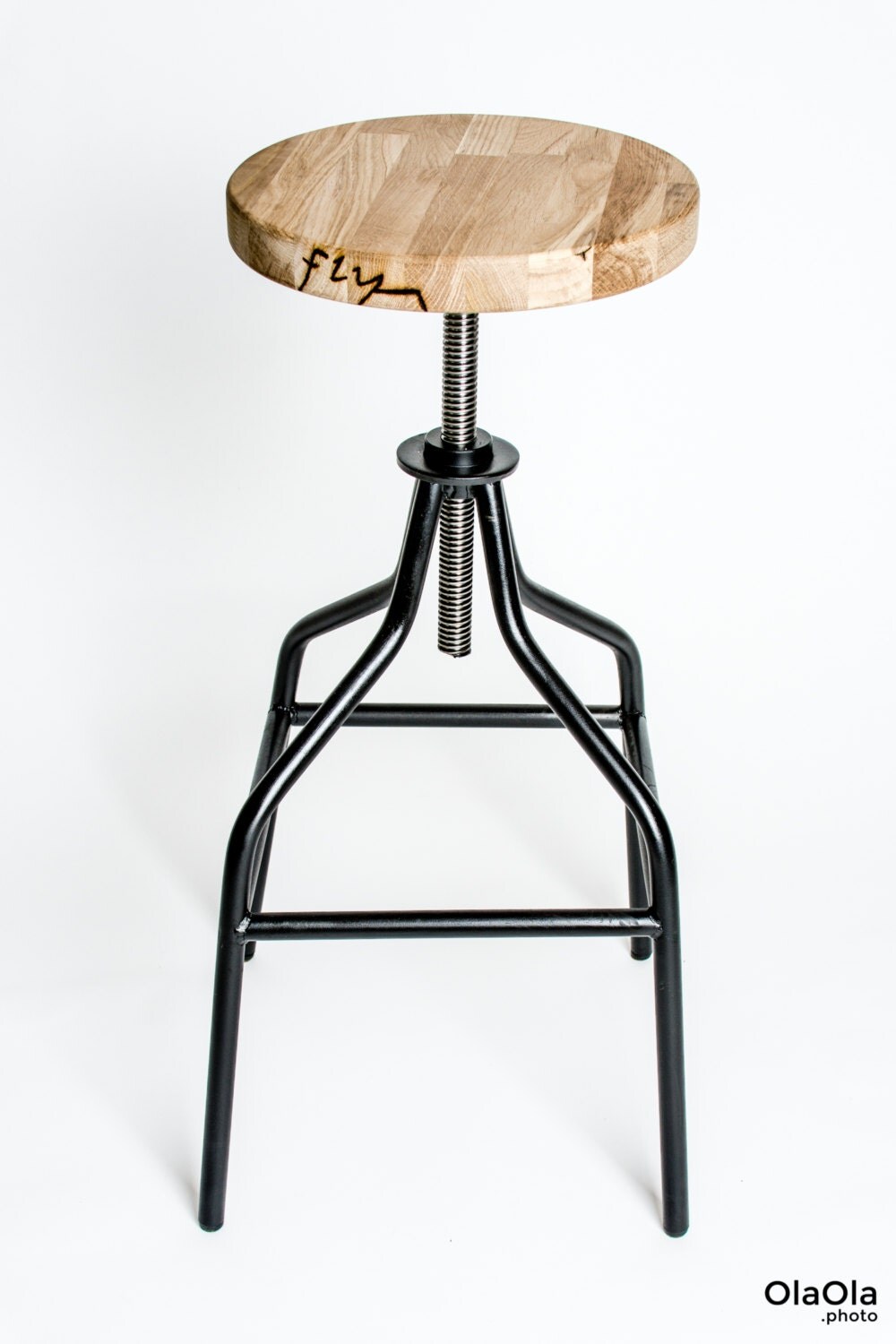 Handmade industrial swivel bar stool steel and oak wood