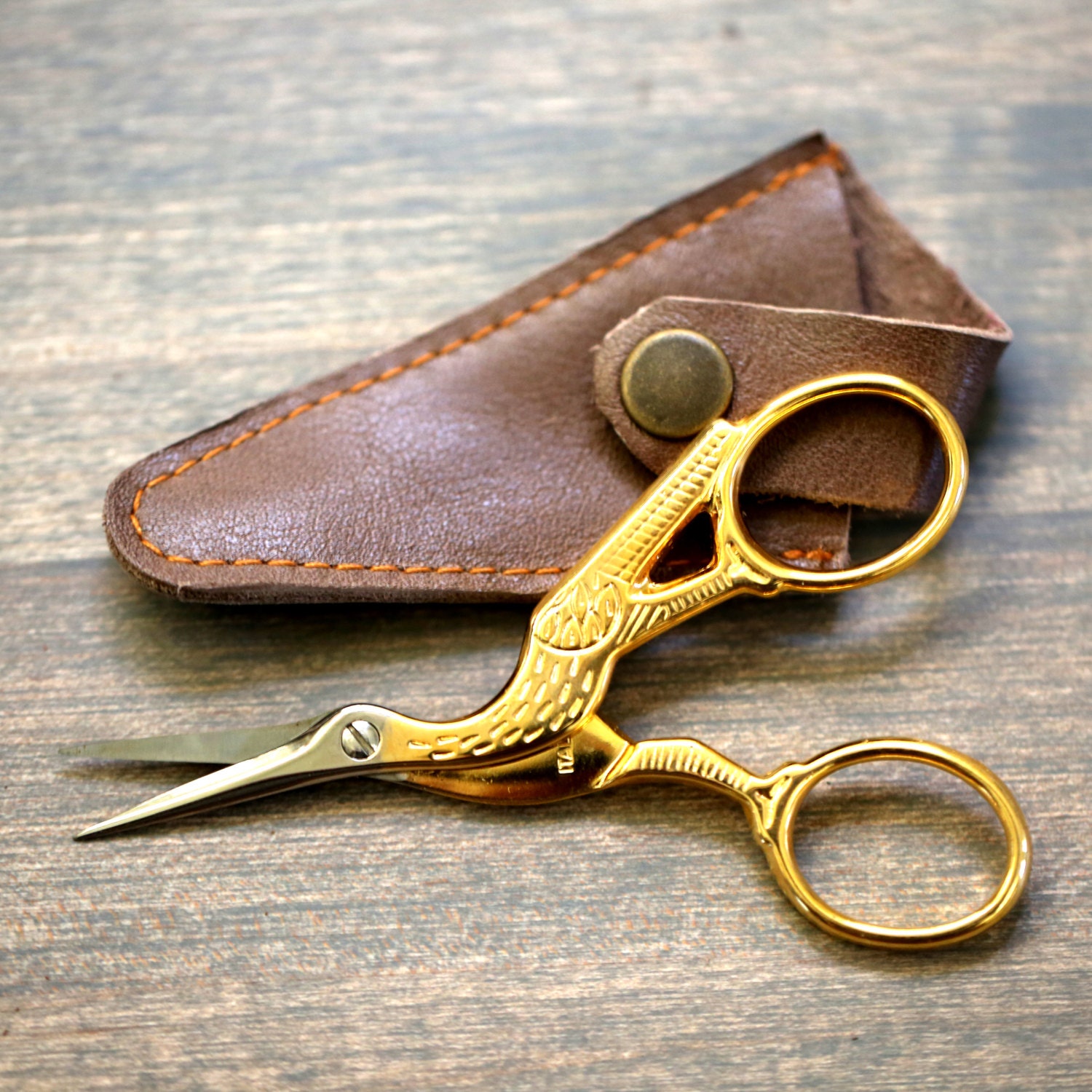 Stork Embroidery Thread Cutter Scissors w/ Custom Leather Snap