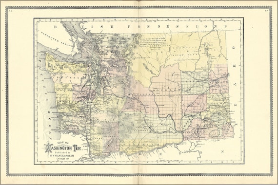 24x36 Poster Map Of Washington State Territory 1889
