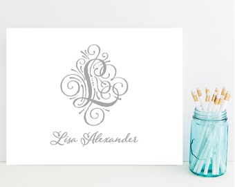 Fancy Custom Initial Stationery - Fancy Personalized Stationary - Flourish Stationery - Gray, Silver Stationery