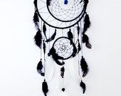 Black Dream Catcher, Large Dreamcatcher, handmade, blue bead, black and white feathers, home decor, fashion accessory, February trend