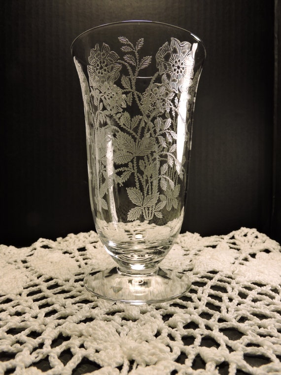 Vintage Etched Floral Footed Water Tea Glass Tumbler