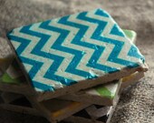 Colorful Chevron Stone Coaster Set Of 4, Teal, Green, Yellow And Black