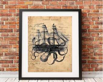 Octopus kraken attack tall ship ocean sea nautical beach decor 1800 antique ledger paper vintage print rustic wall hanging gift OAS3028