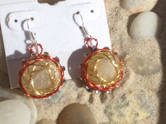 Wire wrapped Beach stone earrings from Topsail Island on lock washers