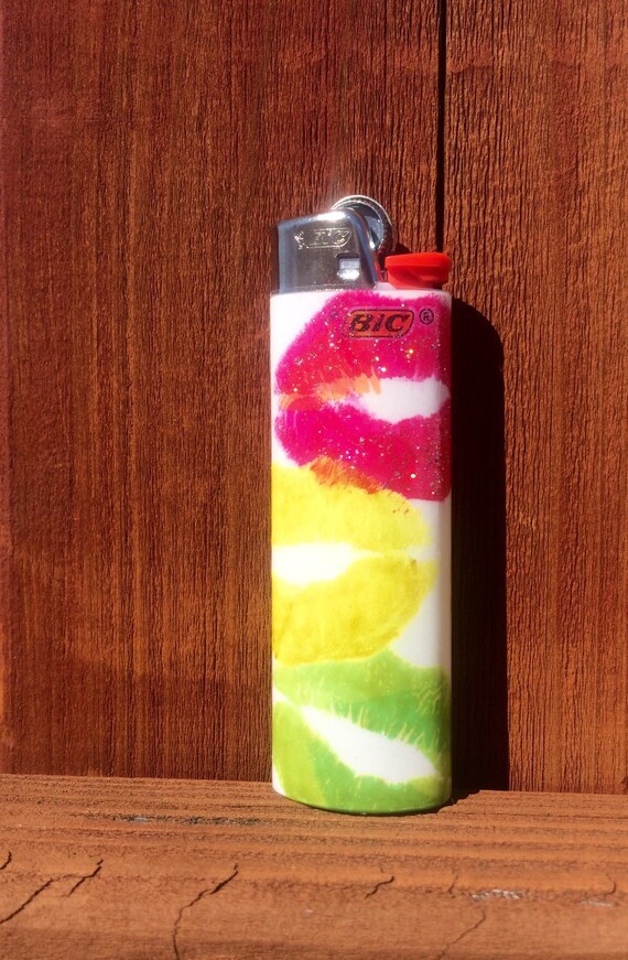 Lipstick Kisses painted lighter glitter lighters altered