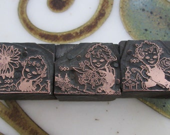 Vintage Letterpress Printers Blocks Set of Three Little Gardens