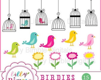 50% off Bird clipart birdcages, whimsical cute bright birds clip art images BIRDIE instand download