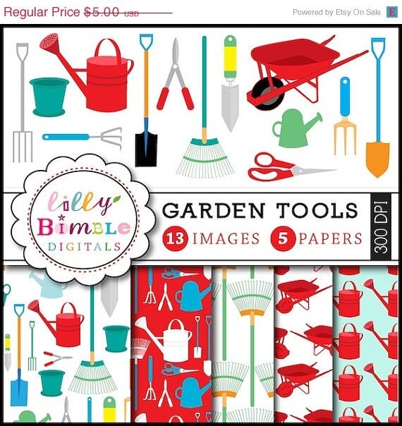 50% off Garden clipart and digital papers with gardening tools, wheelbarrow, shovel, Digital Download Il_570xn
