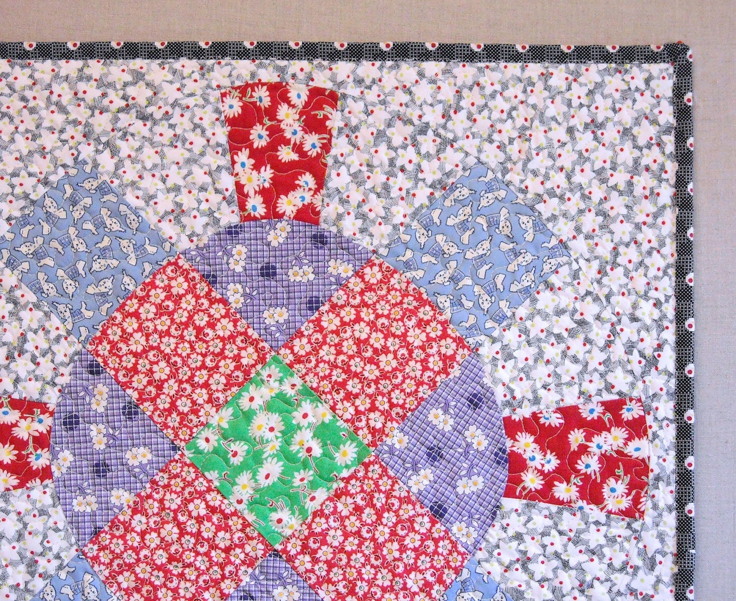 Large Quilted Pillow Sham Wagon Wheel Feedsack Fabrics