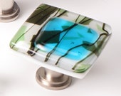 Skyblue with Green Fractures and Streamers Stacked Ivory Fused Glass Cabinet Pull