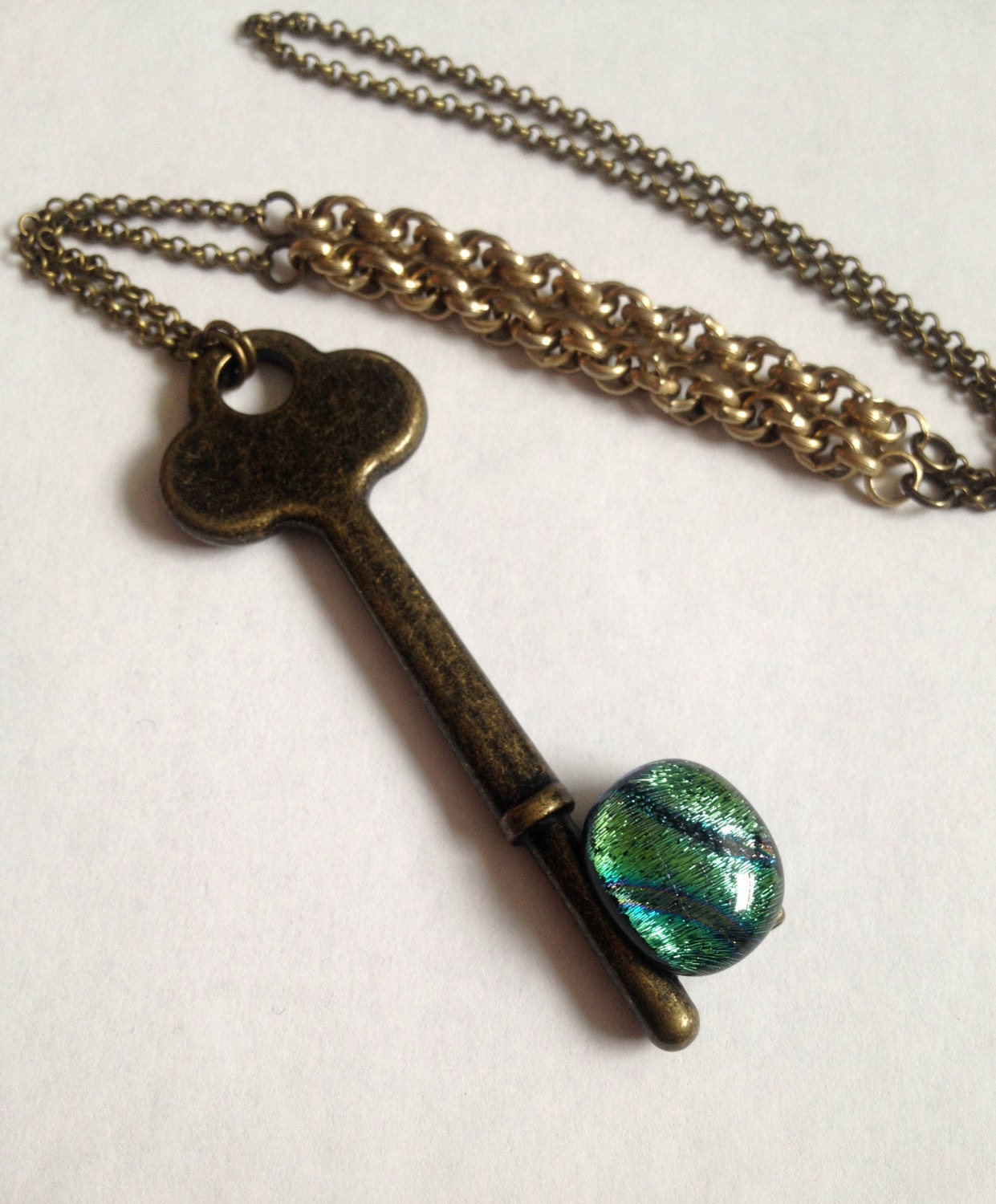 Skeleton Key Necklace with Golden Green Dichroic Glass Accent and Two ...