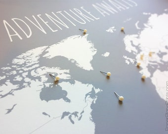 World Travel Map Pin Board, Adventure Awaits, DIY Kit with Tacks, Pinnable Foam Core Backing and World Map, Paper Anniversary Gift, 11x14