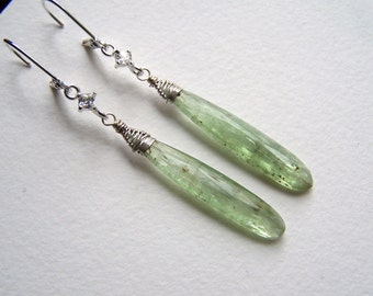 Green Kyanite briolette, sterling silver wrap, Swarovski crystal, leverback earrings