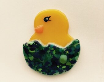 Fused Glass Chick-n-Egg Brooch Pin