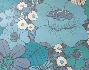 Vintage blue wallpaper very large flowers vinyl turquoise sky retro 1 meter