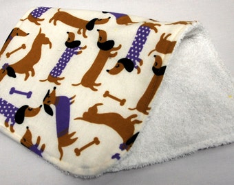 Baby Burp Cloth, Baby Shower Gift, Welcome Baby Gift: Doxies with Purple Sweaters