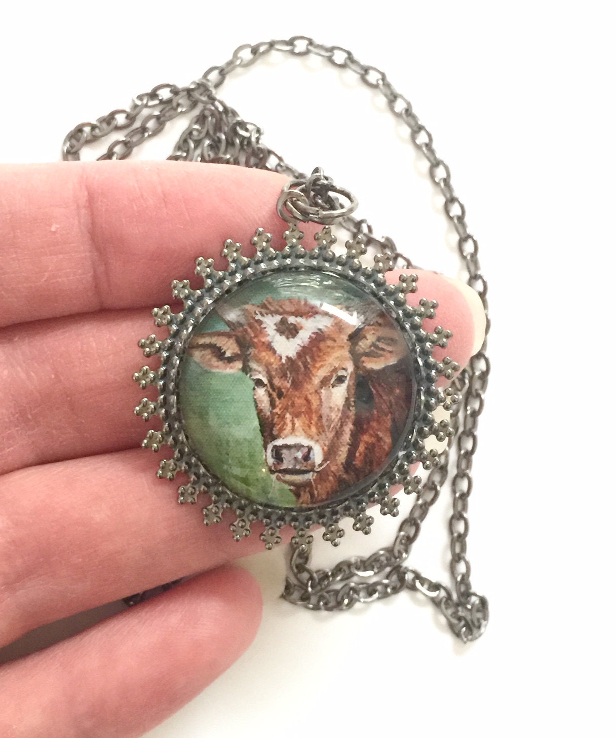 Cow art necklacecow jewelry cow glass pendant western