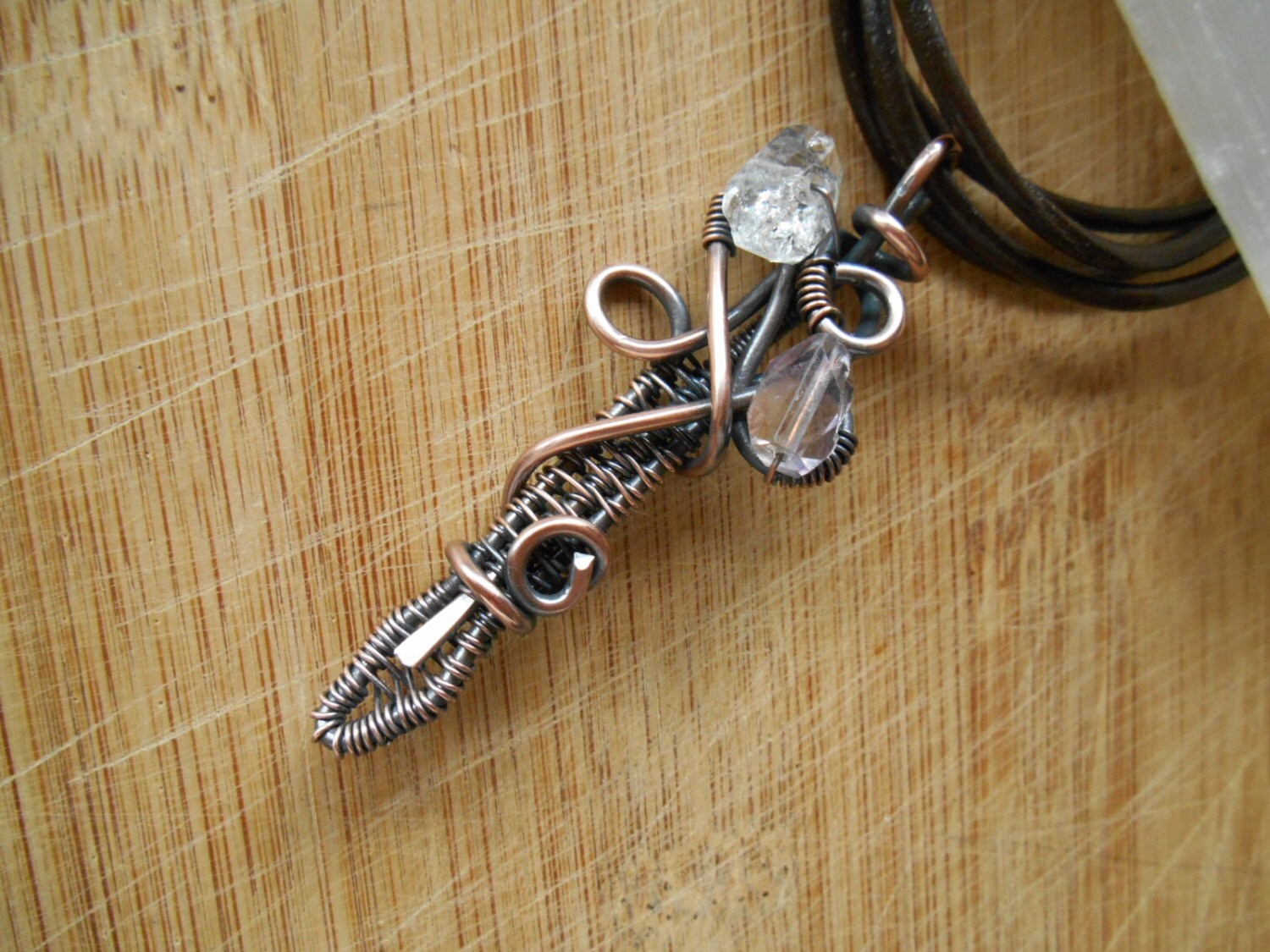 Oxidized Copper Wire Wrapped Sword Pendant Diamond Quartz