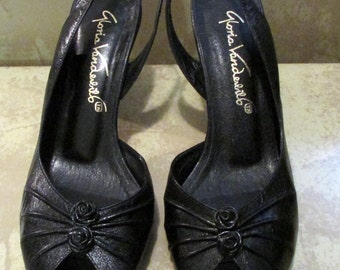 Gloria Vanderbilt 1980's Shoes Heels Inky Black Gloria Vanderbilt Sling Back Peep Toe True Vintage Size 6 1/2 B