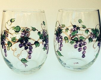 Stemless Grape Hand Painted Wine Glasses. Set of two.