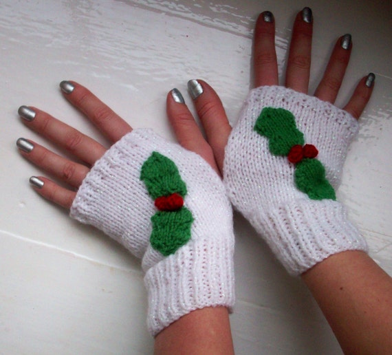 Christmas hand warmers, fun, holly, sparkly snow white