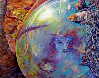 Imprisoned mermaid in Japanese glass float original drawing