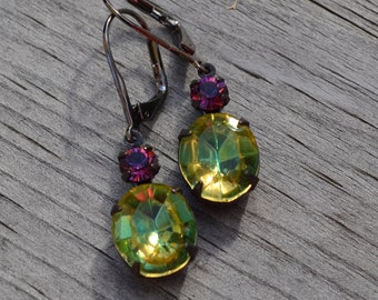 Amethyst and Peridot Earrings, Glass Rhinestone Earrings, Vintage Amethyst, Jonquille Peridot Lever Back Earrings, Bridesmaid Earrings