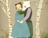 romantic Bear and Girl holding hands print of original illustration