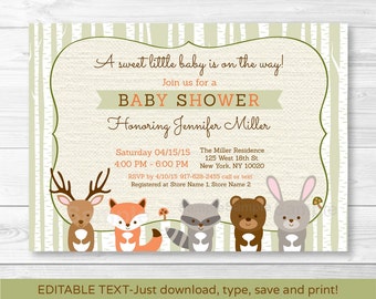 Woodland Baby Shower Invitation / Forest Animals / Birch Tree / Fox / Deer / Bear / Gender Neutral / Editable PDF INSTANT DOWNLOAD