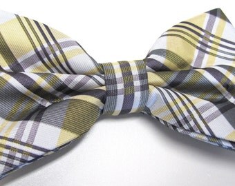 Mens Bowtie. Yellow Purple Plaid Bowtie With Matching Pocket Square Option