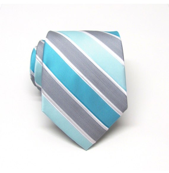 Blue Mens Tie. Sea Glass Blue, Turquoise and Gray Stripes Mens Necktie With Matching Pocket Square Option