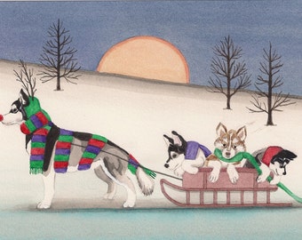Malamute family takes a holiday sled ride / Lynch signed folk art print