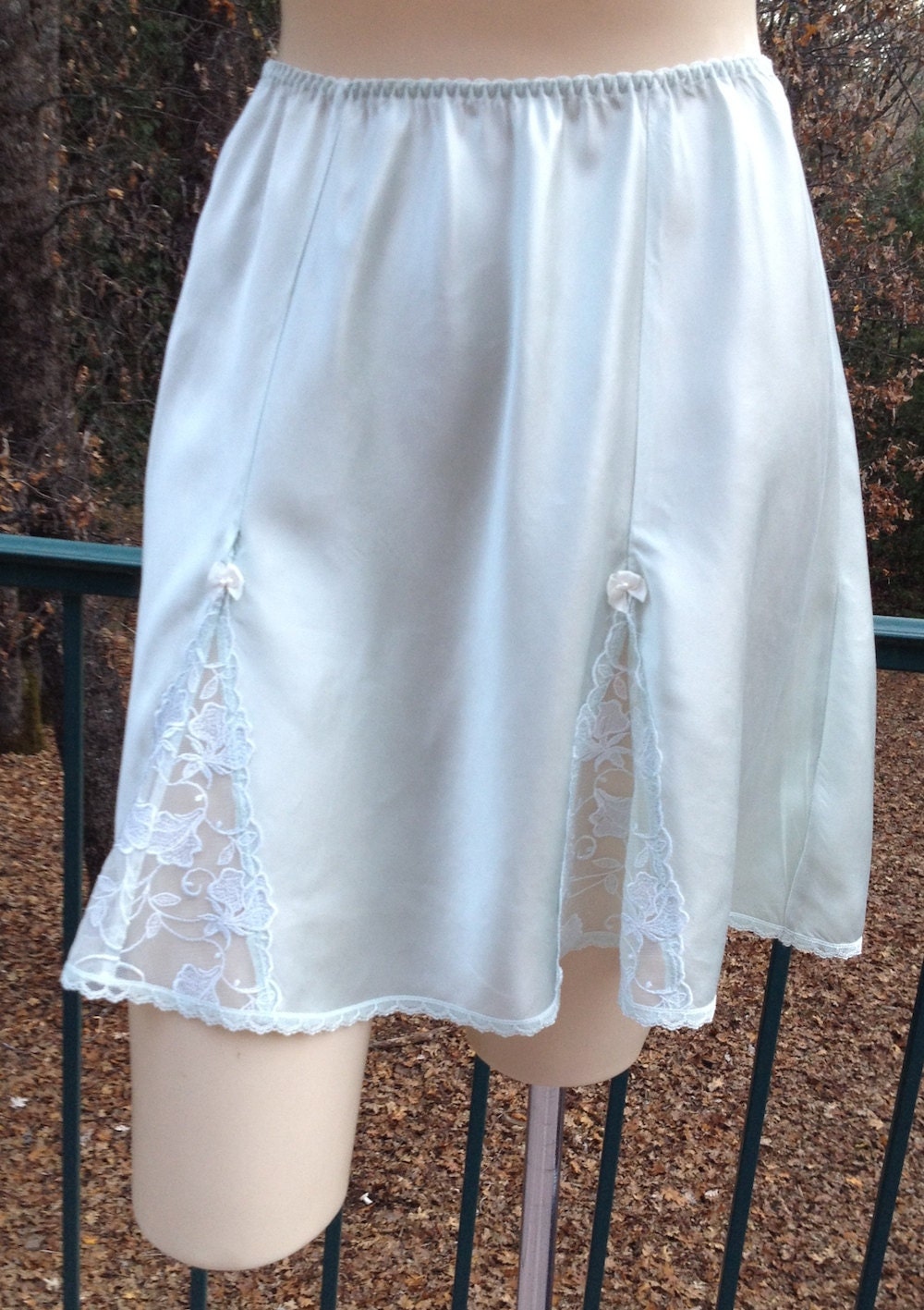 Vintage Mini Half Slip Aqua Satin Lace Inserts Flared by gladsbag