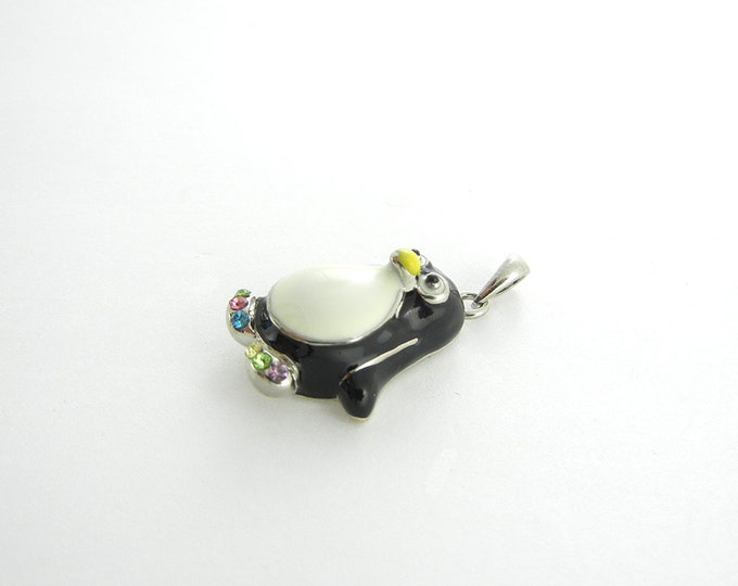 Little Black and White Penguin Pendant Multi Colored Rhinestone Feet