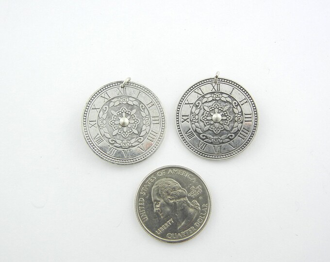 Pair of Round Clock Charms with Roman Numerals and Moving Hands