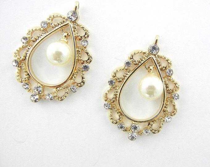 Pair of Gold-tone Filigree Faux Pearl Drop Charms Rhinestone Accents