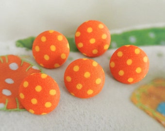 Handmade Retro Orange Yellow Polka Dots Fabric Covered Buttons, Retro Polka Dots Fridge Magnets, Flat Back, CHOOSE SIZE 5's