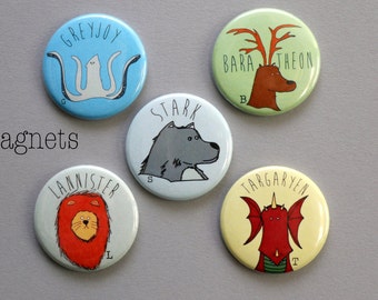 Game of Thrones House mascots MAGNET set - Stark,Lannister,Greyjoy,Baratheon,Targaryen Game of Thrones gift Game of Thrones birthday