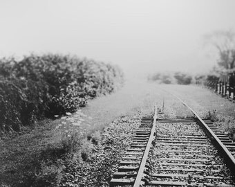 Black And White Photography - Nova Scotia Canada Train Tracks Surreal Tilt Shift Photo Landscape Dreamy Whimsical Print "Train To Nowhere"