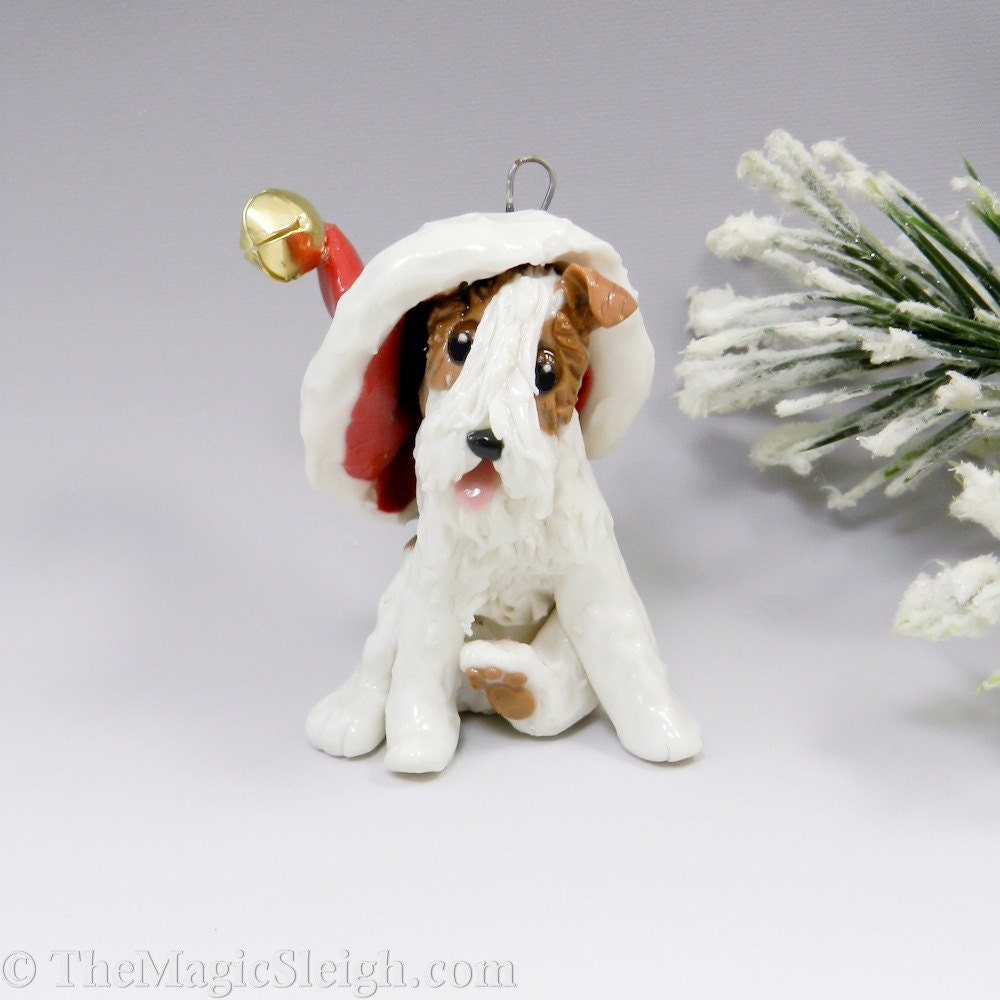 Wire Fox Terrier Christmas Ornament Figurine Santa Hat