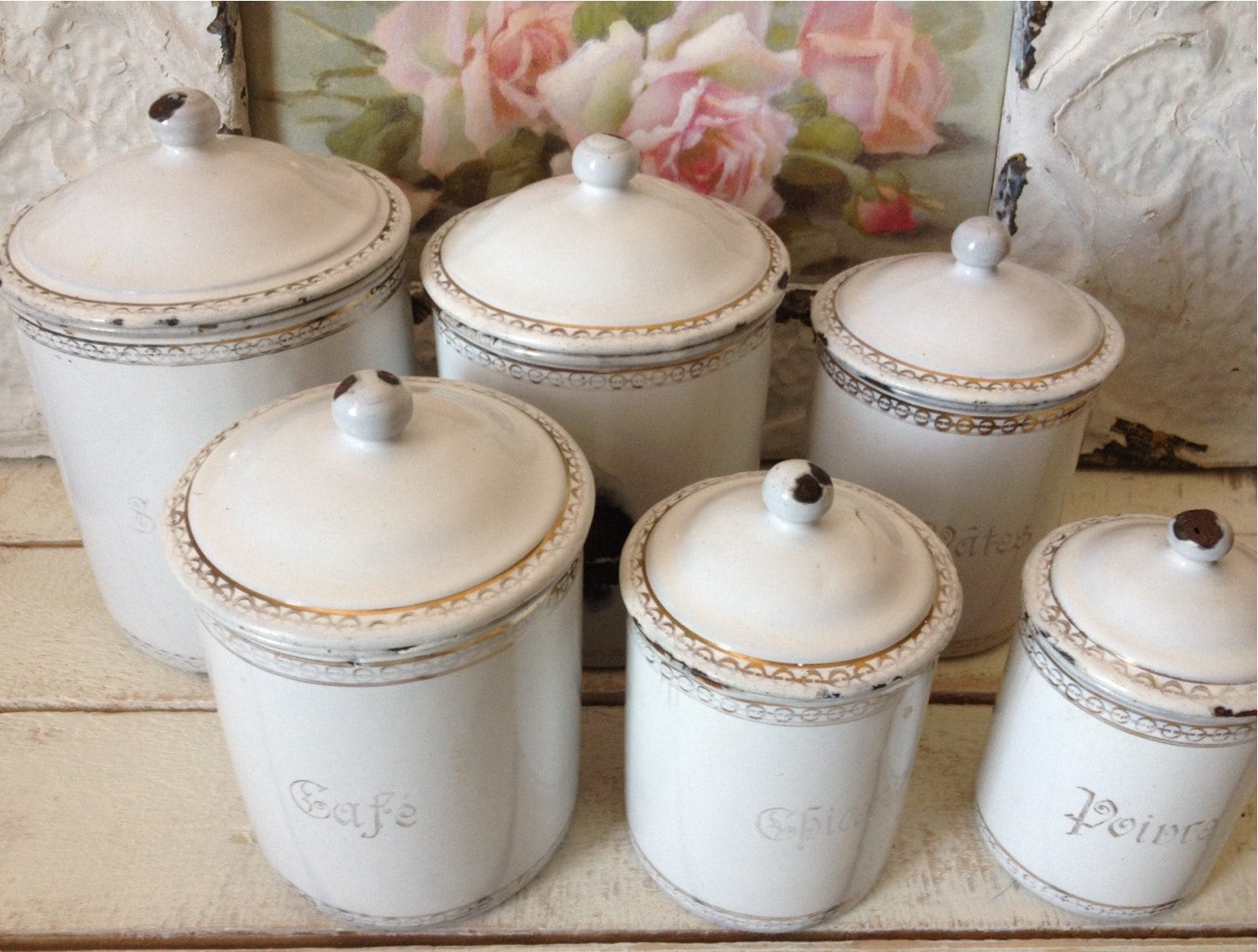 French White Enamel Canisters with Gold Lettering Set of Six