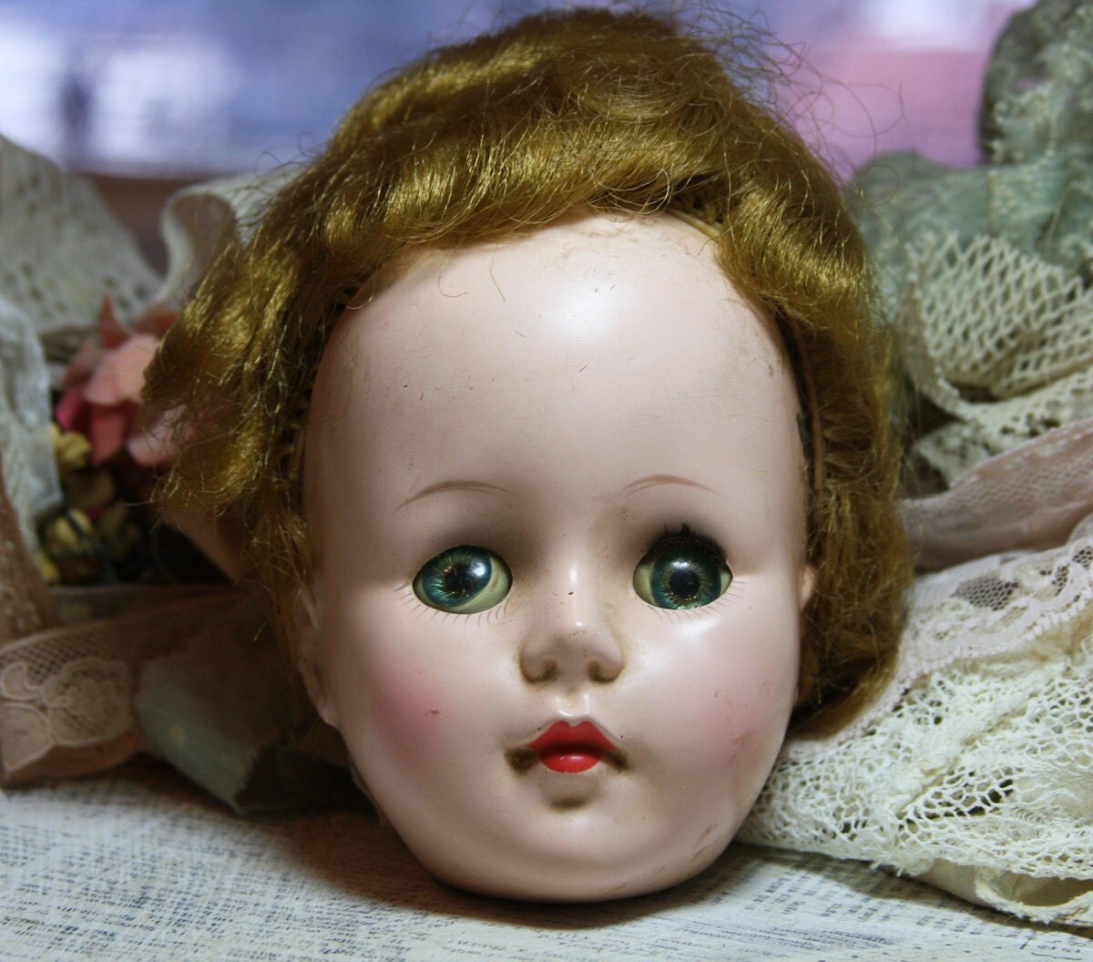 Vintage Composition Doll Head Creepy Sleeping Eyes Scary Doll