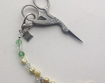 Scissor Fob - Stork Scissors Included - Quilter Gift - Sewing Gift - Scissor Minder - Green Freshwater Pearls & Crystals - Sewing Accessory