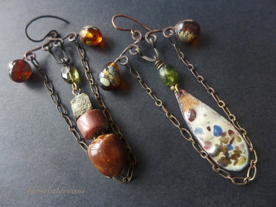 Komorebi. Rustic assemblage lampwork asymmetrical earrings.